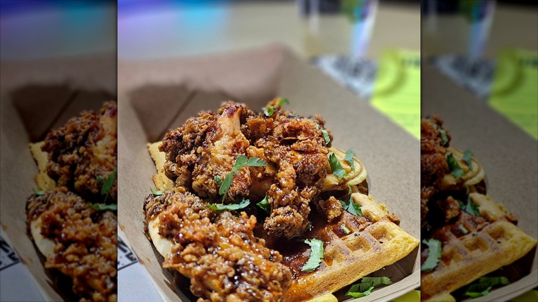 Chicken and waffles in a to-go container