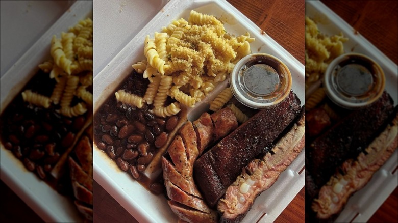 Kansas City Smoked Brisket and house-made sausage with smoked Gouda mac and beans on the side
