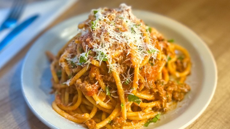 Plate of Bucatini pasta with grated cheese from Trattoria Zaza.