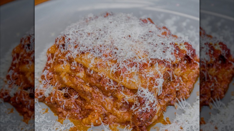 Pasta dish with grated cheese on top from Oste restaurant in California.