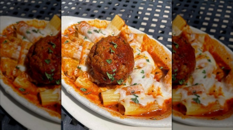 Pasta with tomato sauce and a giant meatball from Tumea and Sons