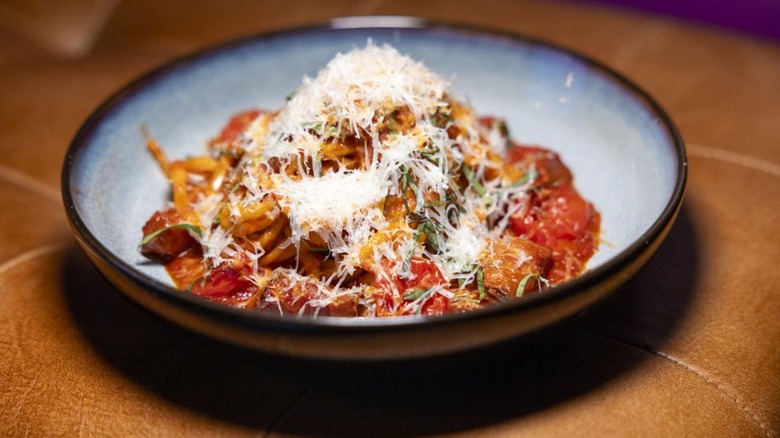 Pasta with tomato sauces, tomatoes, and fresh grated cheese from Pucinella! restaurant in New Orleans