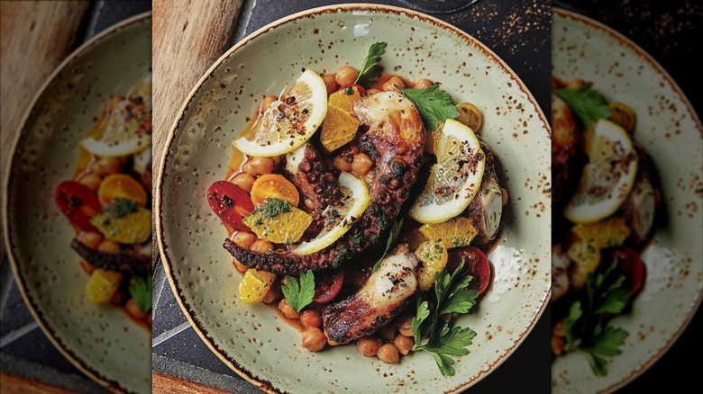 Octopus and veggies dish plated artfully from Giulia restaurant in Massachusetts