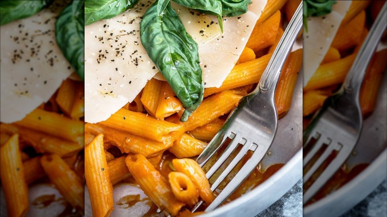 Penne pasta with pomodoro sauce and cheese and basil from Piccola Cucina at Ox Pasture restaurant