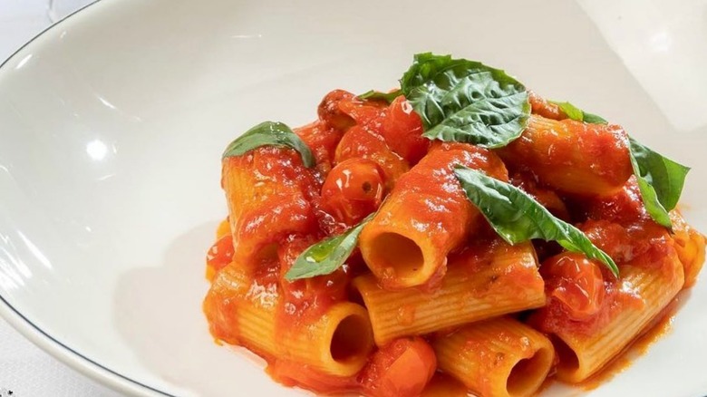 Penne pasta with red sauce and basil from Osteria La Baia restaurant in New York City