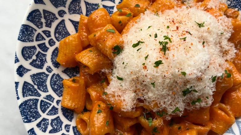 Spicy Vodka pasta topped with grated cheese from Mamma Pepp & Dolores restaurant in Cincinnati
