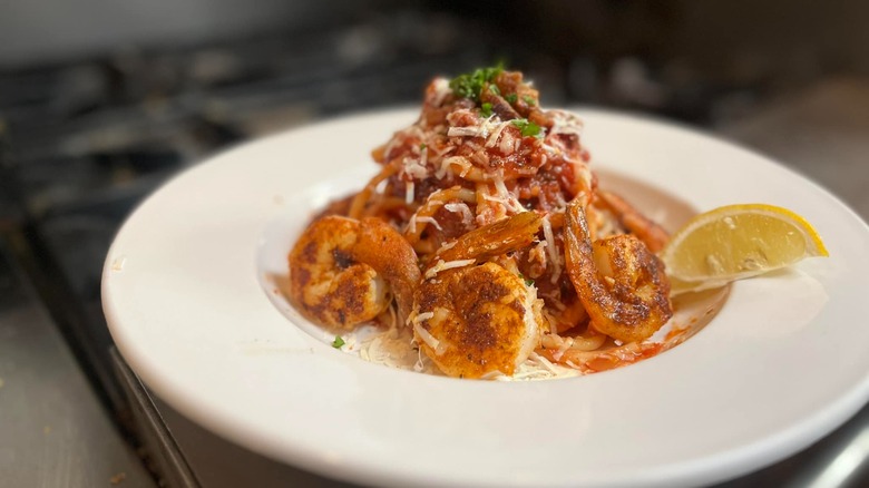 Bucatini with grilled shrimp and lemon wedge from Vito's Ristorante in Oklahoma City