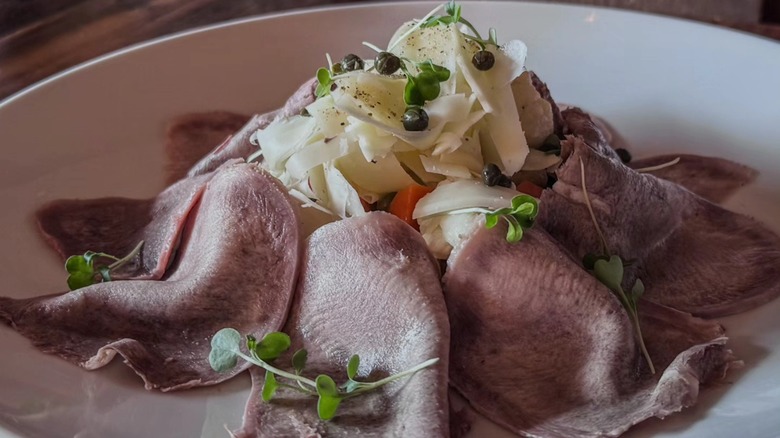 Wagyu Beef Tongue, pickled veggies Giardiniera, aioli and Pecorino cheese salad from Rosmarino Osteria Italiana