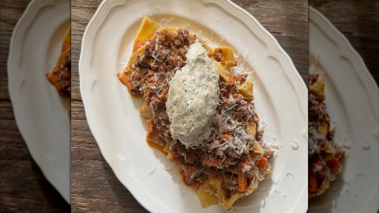 a lamb ragu dish topped with ricotta and freshly shaved pecorino from Trattoria Delia restaurant in Vermon