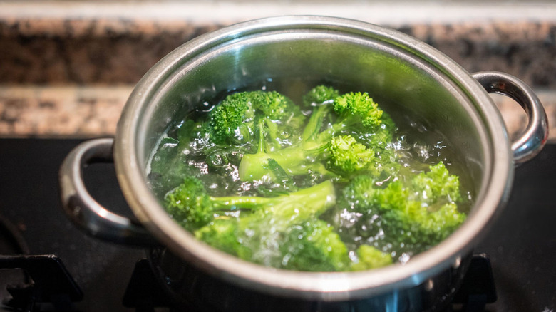Broccoli in a pot of boiling water