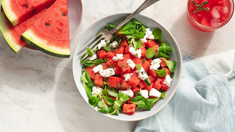 watermelon feta salad in bowl