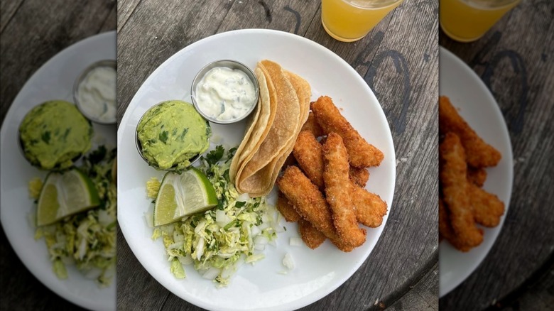 overhead shot of deconstructed fish tacos from El Barrio