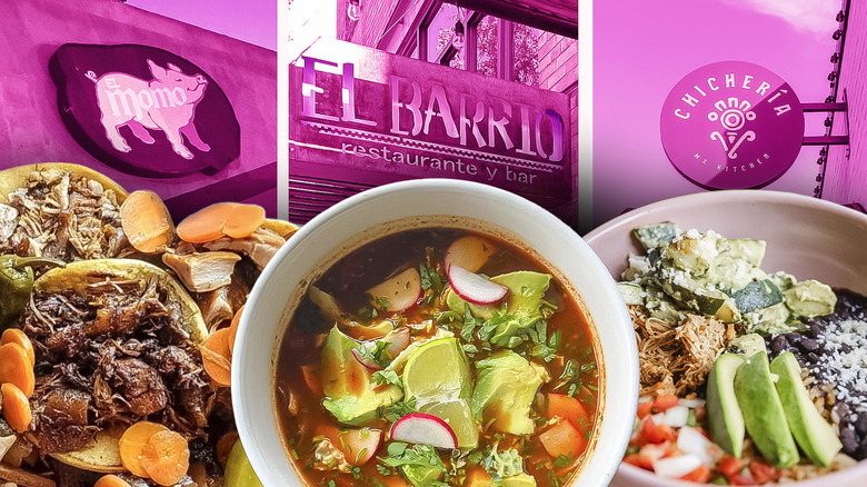 Composite image of Mexican dishes in front of logos for several Mexican restaurants