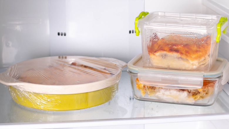 A casserole dish in a refrigerator.