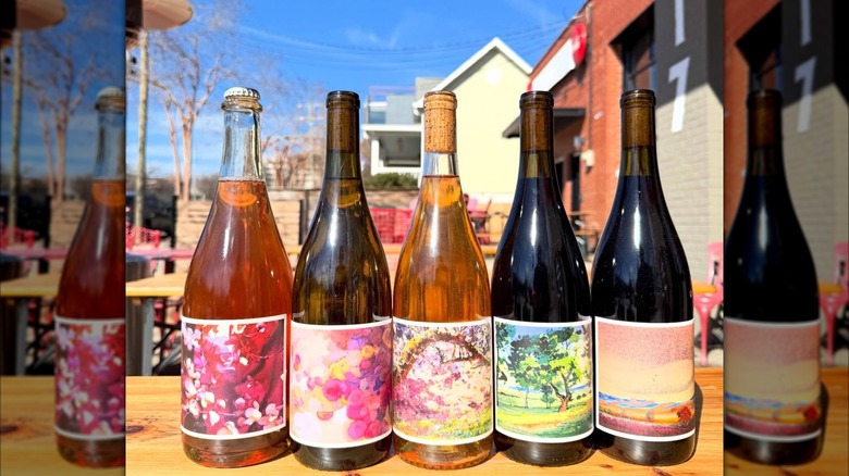 Five bottles of wine on an outdoor picnic table at The Raleigh Wine Shop