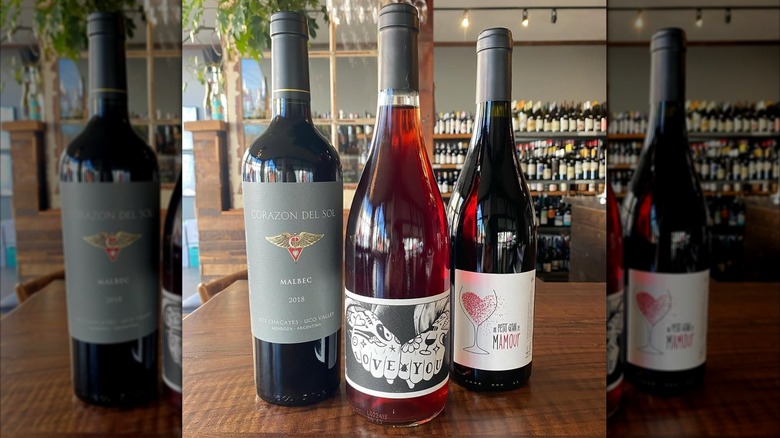 Three bottles of wine on a table with shelves of wine in the background at Division Wines
