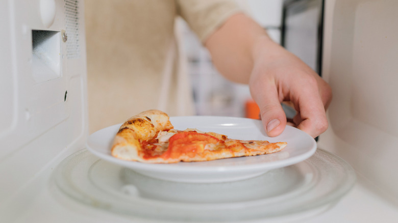 A hand putting a plate with a slice of pizza into a microwave, internal view