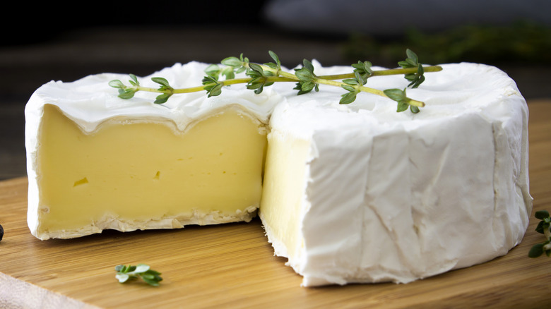 Close up shot of a wheel of brie on a chopping board with a sprig of thyme