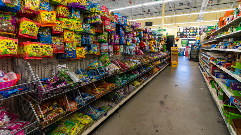 The snack aisle of a Dollar Tree store