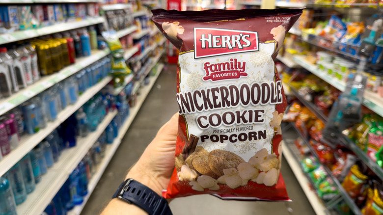 Discontinued Herr's Snickerdoodle Cookie Popcorn in a Dollar Tree aisle