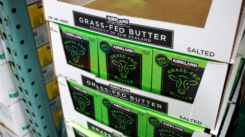 Boxes of Kirkland Grass-Fed Butter on display in the store
