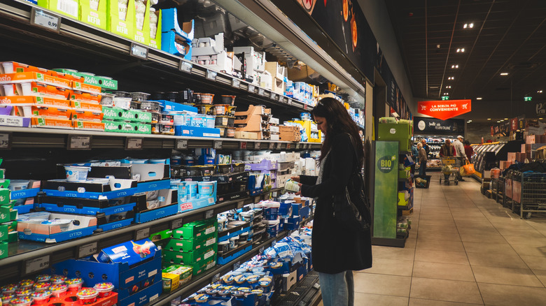 Refrigerated breakfast items on display inside an Aldi store
