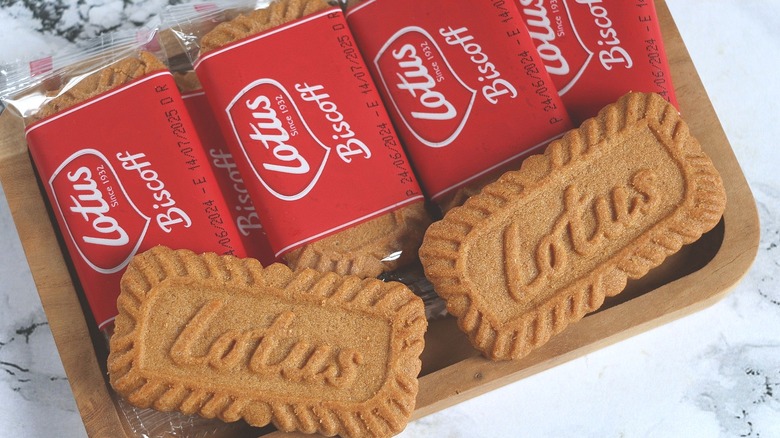 Lotus Biscoff cookies on a wooden cutting board