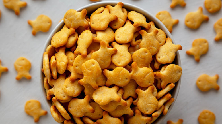 Top view of a bowl of mini Goldfish crackers