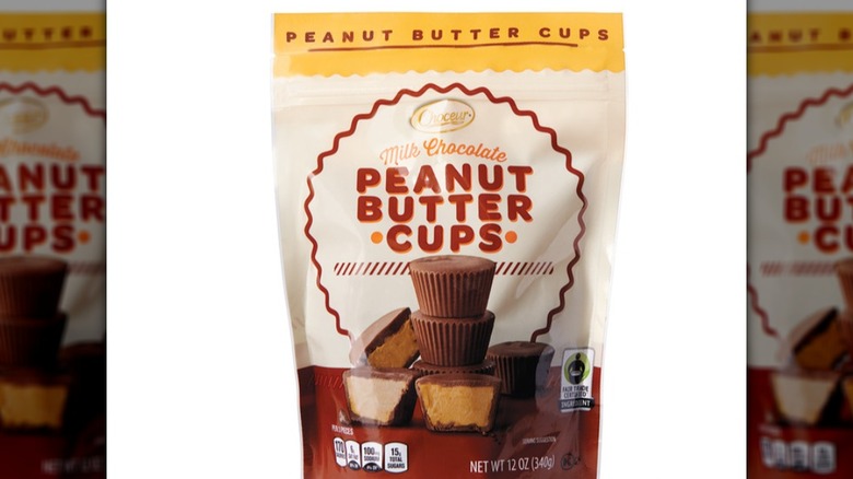 Aldi's milk chocolate peanut butter cups package in front of white background