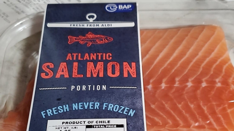Aldi's salmon without the previous label that says "Simple. Sustainable. Seafood."