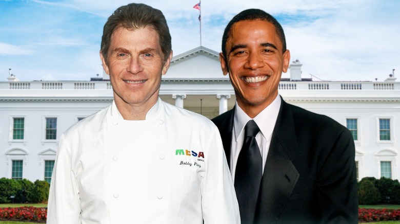 Composite image of Bobbly Flay and President Obama side by side in front of the White House