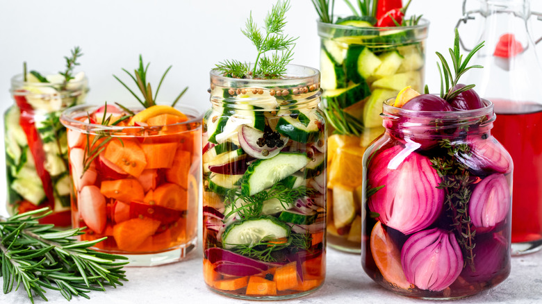 Jars of pickled and fermented foods.