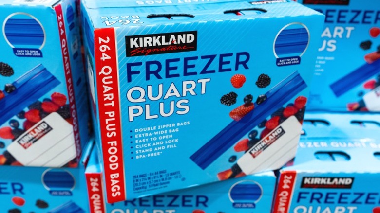 Closeup of boxes of Kirkland zip-up top freezer bags for stacked