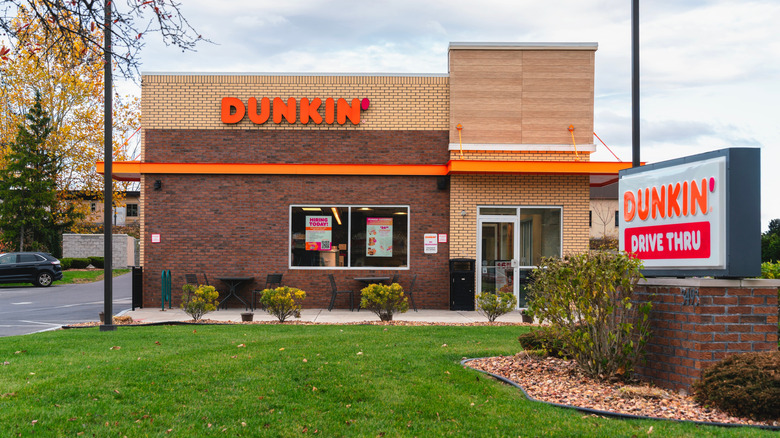 Dunkin' location with drive-thru sign.