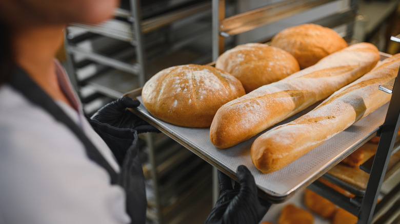 A baker pulls out a rack of freshly baked baguettes in a bakery kitchen