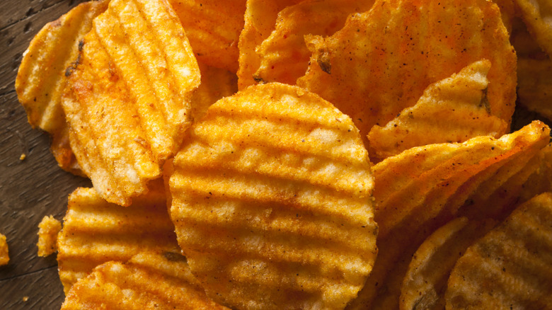 Close up of ridged barbecue potato chips