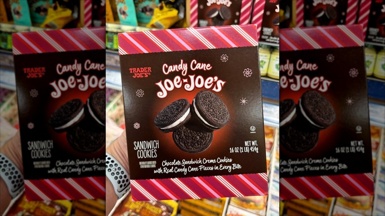 hand holding a box of Trader Joe's Candy Cane Joe-Joe's