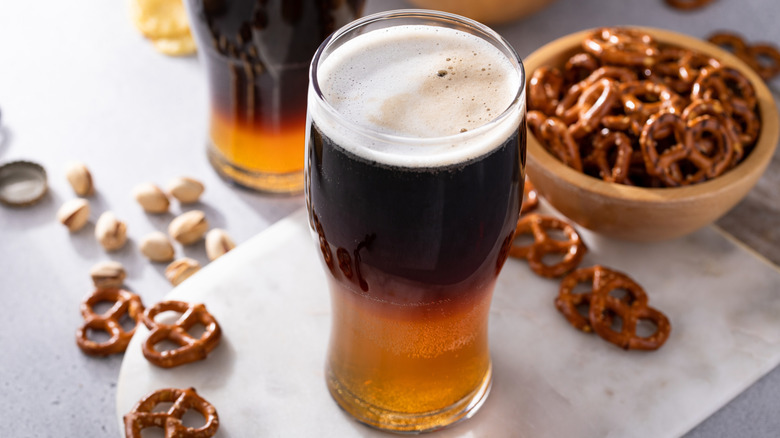 Black & tan drinks served in pint glasses