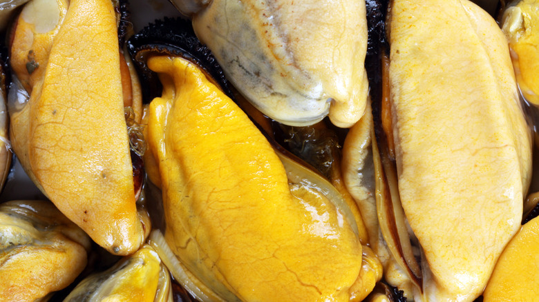 Close-up of smoked oysters