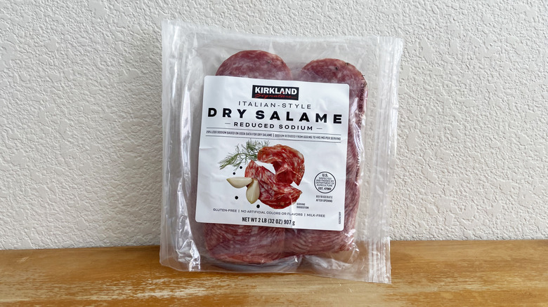 Kirkland Signature salami package on table