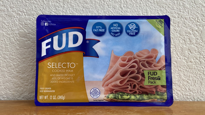 Package of FUD Selecto ham propped up on a wooden table