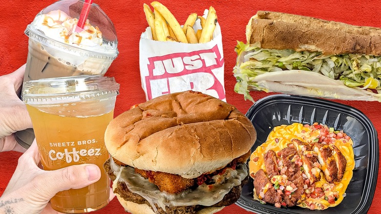 Composite image of different food items from Sheetz on a red background