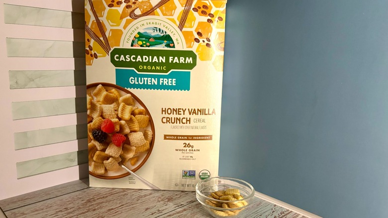 Cascadian Farm Honey Vanilla Crunch Cereal box and cereal