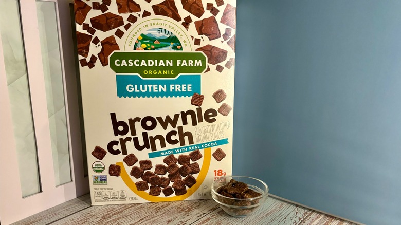 Cascadian Farm Organic Brownie Crunch Cereal box and cereal