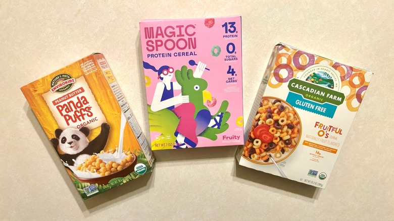 Three gluten-free cereal boxes on counter