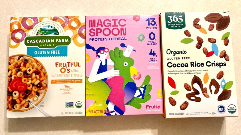 Three gluten-free cereal boxes on counter