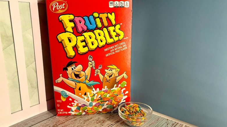 Fruity Pebbles box and cereal