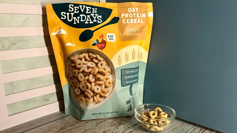 Seven Sundays Simply Honey Oat Protein Cereal package and cereal