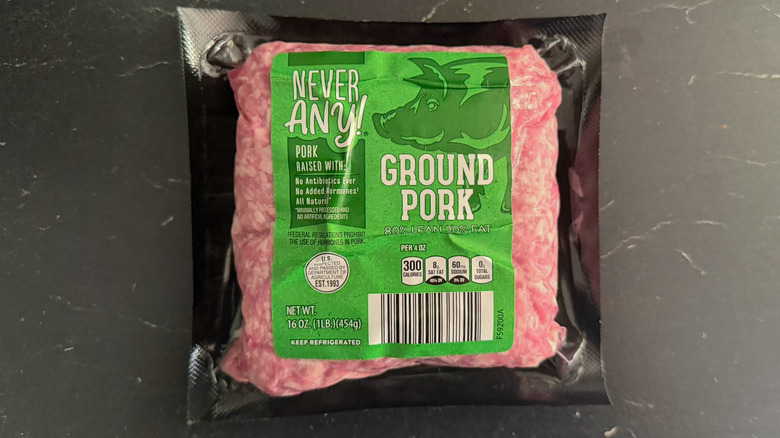 A package of Aldi's never any ground pork 20% fat