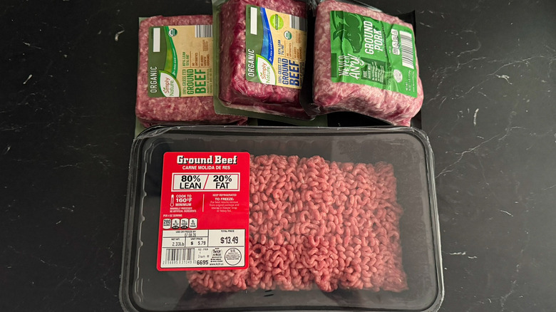 Some Aldi ground meat packages on a counter